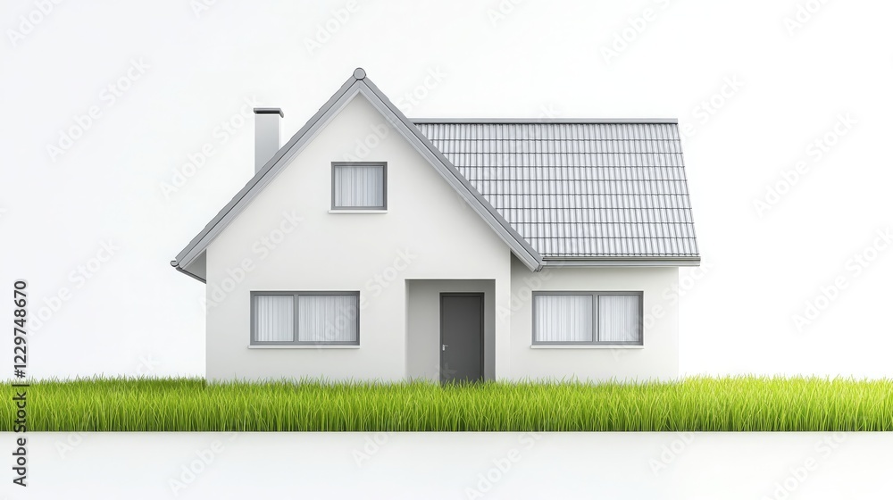 Modern White House with Grey Roof Surrounded by Lush Green Grass Modern White House with Grey Roof Surrounded by Lush Green Grass