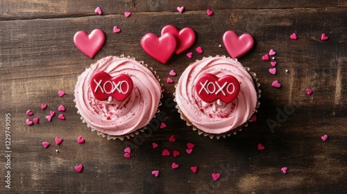 A cupcake-style Valentine cake with pink frosting swirls, heart-shaped sprinkles, and 