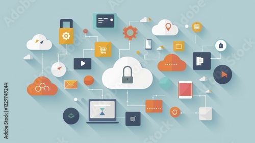 Wallpaper Mural Flat design illustration showing cloud computing technology and network with a focus on data security and storage, AI generated Torontodigital.ca