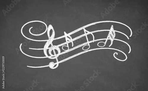Photos Musical notes, made with white chalk on a blackboard