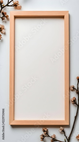 Empty wooden frame, spring flowers, white background, mockup
