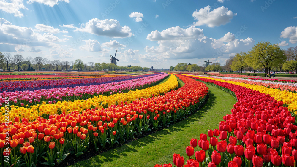 A vibrant spring landscape of blooming tulips, daffodils, and hyacinths in Keukenhof Park, Netherlands, perfect for travel brochures, floral marketing, or home decor. A vibrant spring landscape of blooming tulips, daffodils, and hyacinths in Keukenhof Park, Netherlands, perfect for travel brochures, floral marketing, or home decor.