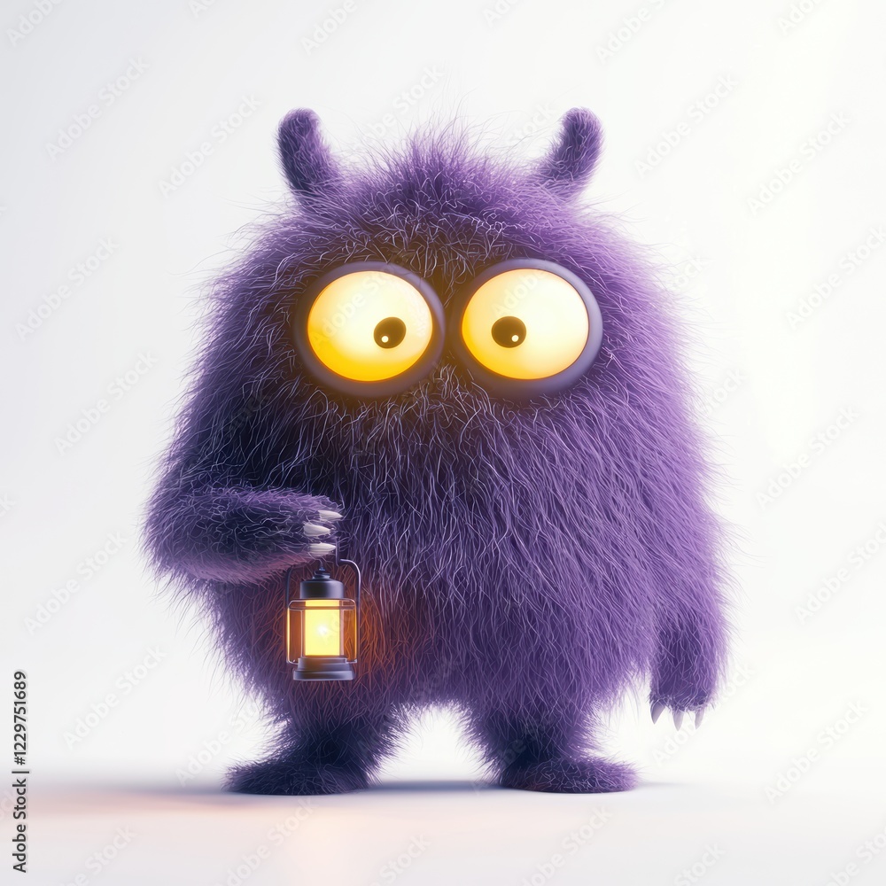 Fototapeta premium purple fluffy monster with glowing eyes, holding a tiny lantern, standing on a white background with soft shadows