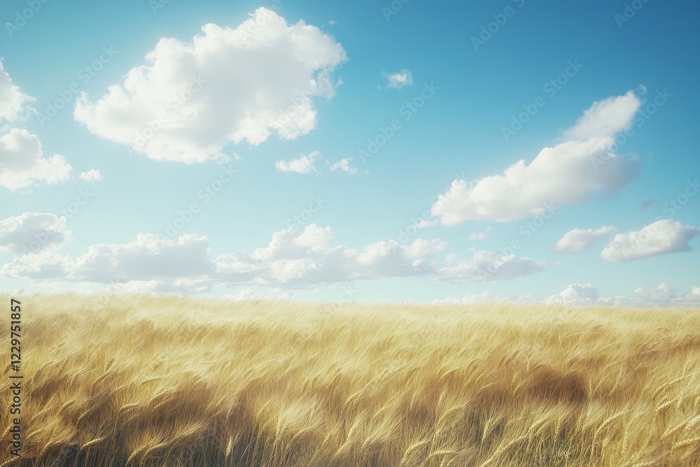 Wheat field gently swaying in the breeze under a bright blue sky with fluffy white clouds. Generative AI Wheat field gently swaying in the breeze under a bright blue sky with fluffy white clouds. Generative AI