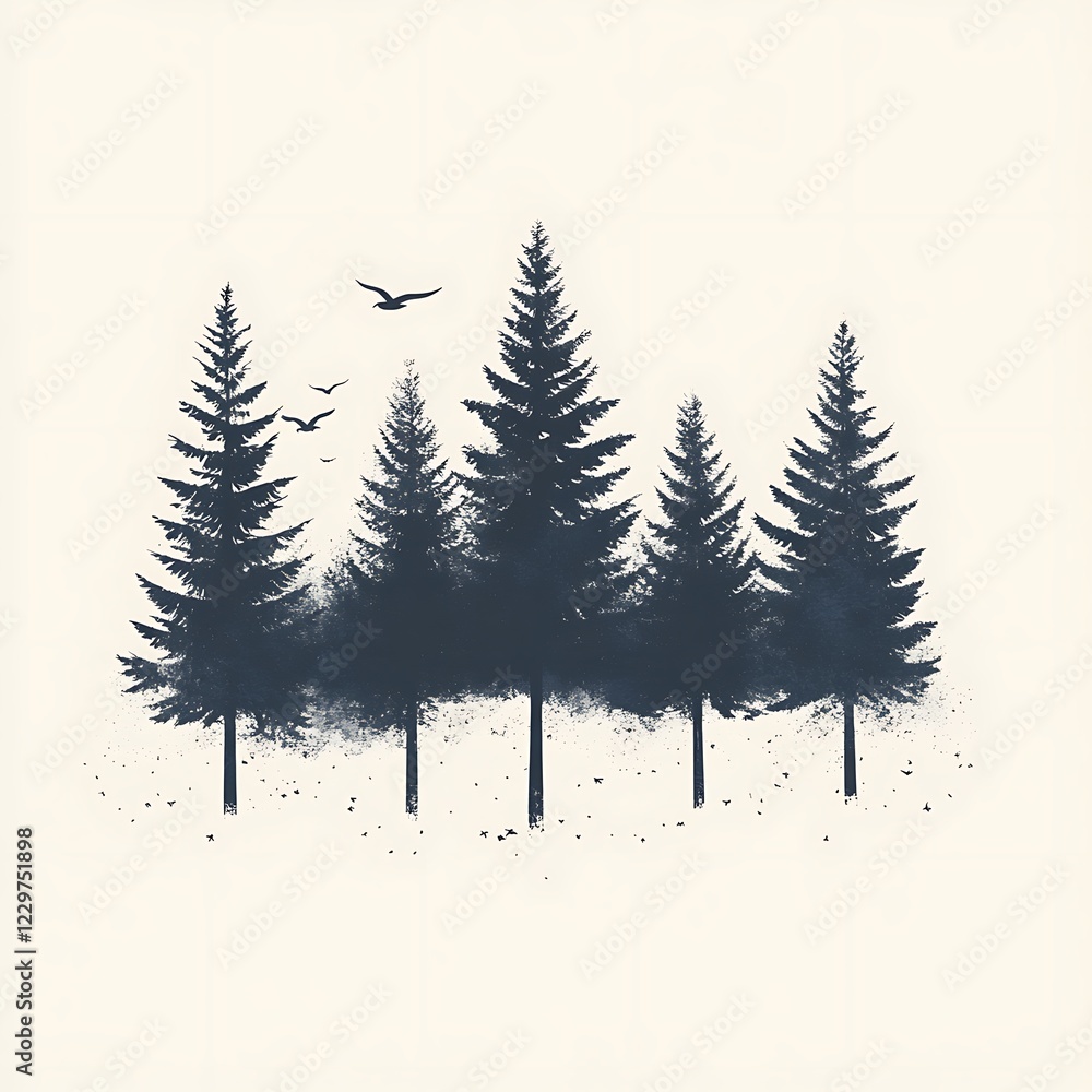 Obraz premium Silhouettes of trees in a forest, birds in sky, artistic graphic