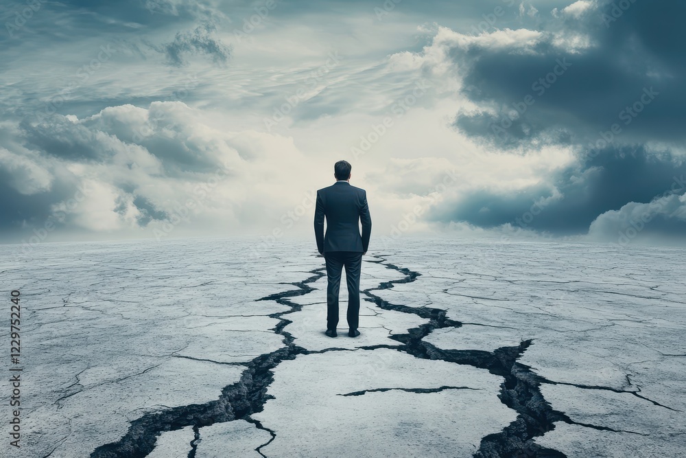 Concept of economic uncertainty, a businessman standing on a cracked financial road Concept of economic uncertainty, a businessman standing on a cracked financial road