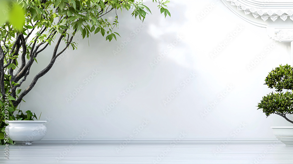 Obraz premium serene and clean white wall with lush greenery, featuring decorative plants in pots, creating tranquil atmosphere