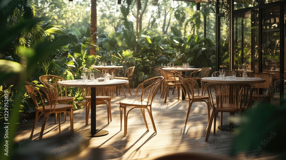 Fototapeta premium A dining area with floor-to-ceiling windows revealing an outdoor forest view.