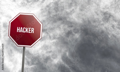Hacker, red sign with clouds in background