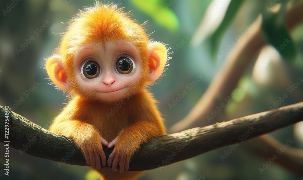 Adorable Golden Monkey on Branch: A Digital Painting Adorable Golden Monkey on Branch: A Digital Painting