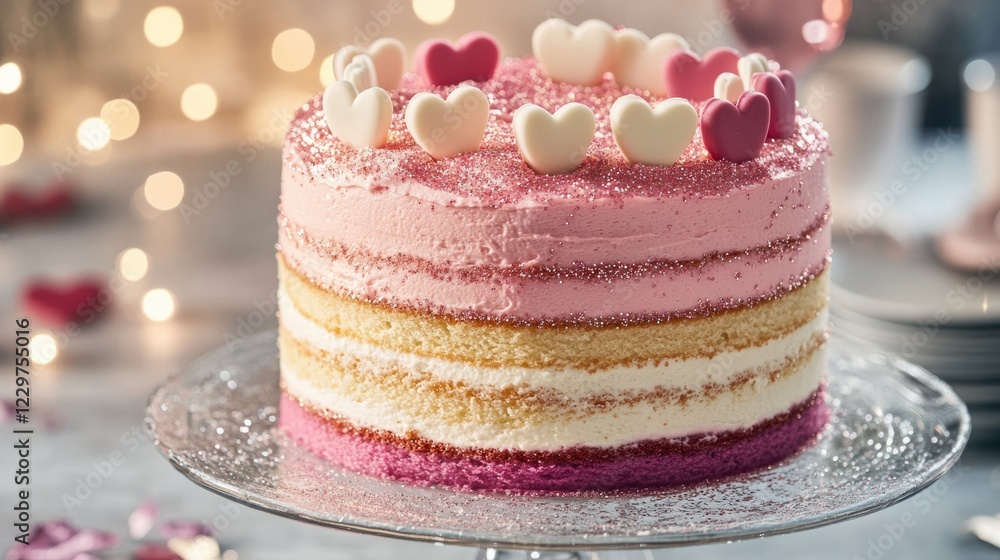 A layered Valentine cake with pink ombre frosting, white chocolate hearts, and edible glitter, placed on a glass platter A layered Valentine cake with pink ombre frosting, white chocolate hearts, and edible glitter, placed on a glass platter