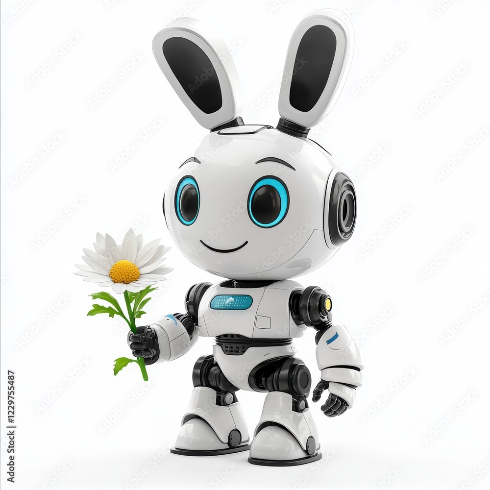 robot with bunny ears and a cheerful face, holding a flower, centered on a clean white background robot with bunny ears and a cheerful face, holding a flower, centered on a clean white background