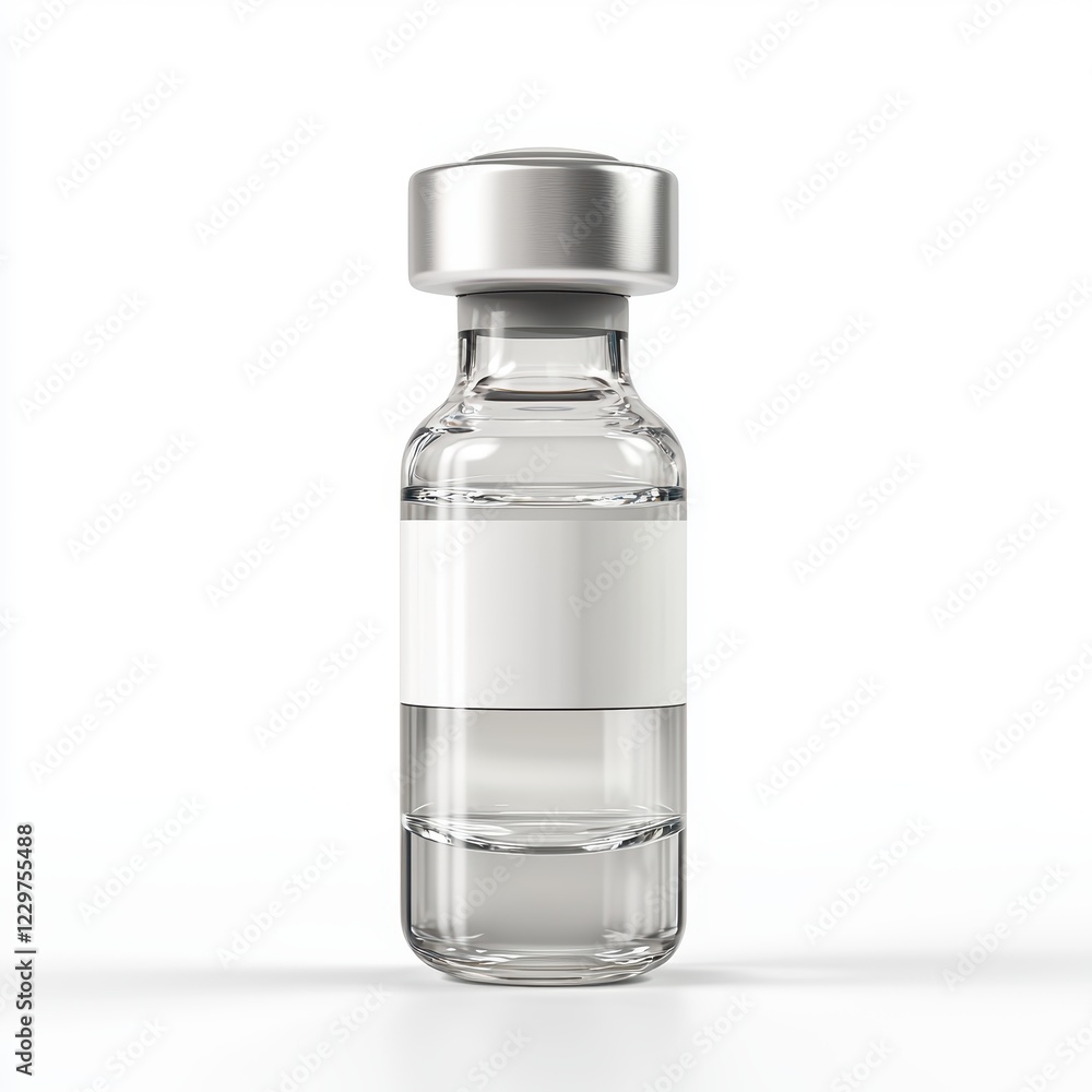 vaccine vial with clear liquid and a medical label, centered on a clean white background vaccine vial with clear liquid and a medical label, centered on a clean white background