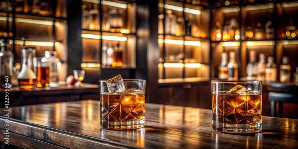 Two Glasses of Amber Liquid with Ice on a Wooden Bartop in a Dimly Lit Establishment Two Glasses of Amber Liquid with Ice on a Wooden Bartop in a Dimly Lit Establishment