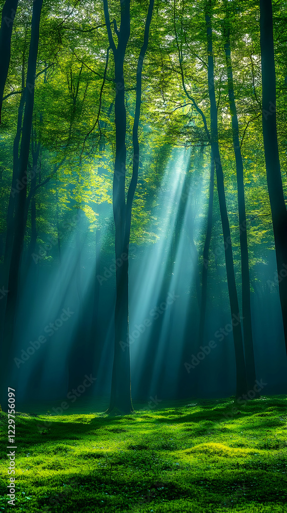 Fototapeta premium Sunbeams in lush forest, peaceful scene