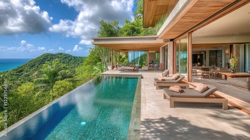 Fototapeta premium A luxury infinity pool surrounded by tropical plants and a modern deck.