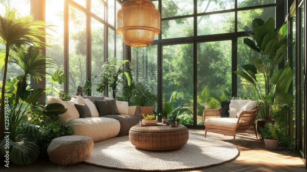 A minimalist indoor-outdoor living space with glass walls and plants. A minimalist indoor-outdoor living space with glass walls and plants.