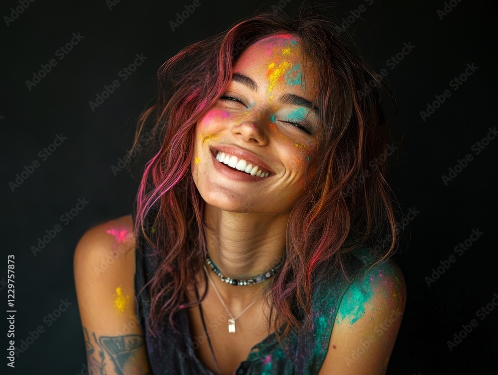 Fototapeta premium Celebration of colors with joyful woman smiling and vibrant Holi hues in her hair and on her face during spring festival. Generative AI