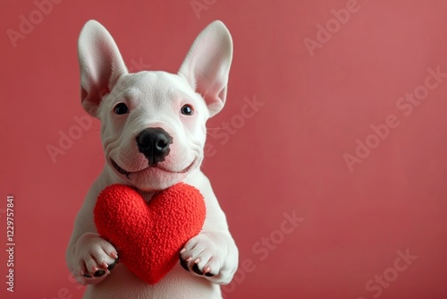 Ad campaign creative art. Bull terrier - my preferred dog. Cute bull terrier dog with animal toy red heart - symbol of love, funny greeting card. Love story with animals. February pet love. photo