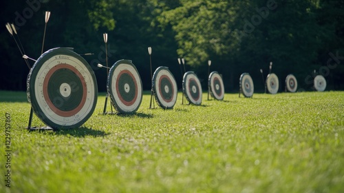 Wallpaper Mural Organized archery targets and arrows in a grassy field, emphasizing focus and practice. Ideal for sports and leisure content. Torontodigital.ca