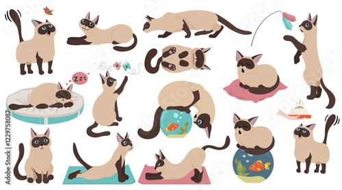 Cartoon cat characters collection. Different cat`s poses, yoga and emotions set. Flat color simple style design. Vector illustration