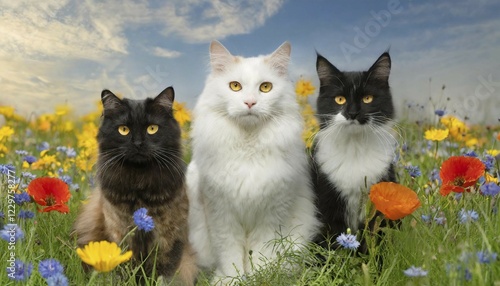 KI generated, animal, animals, mammal, mammals, cat, cats, biotope, habitat, three animals, angora cat, angora cats, (Felis maniculata angorensis), different colours photo