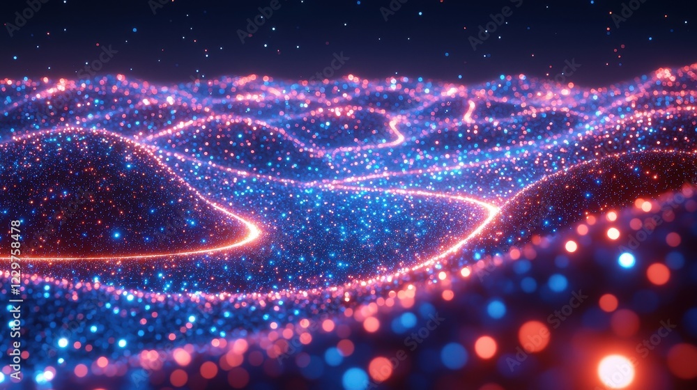 Abstract Blue and Red Glowing Particle Waves Background Digital Art