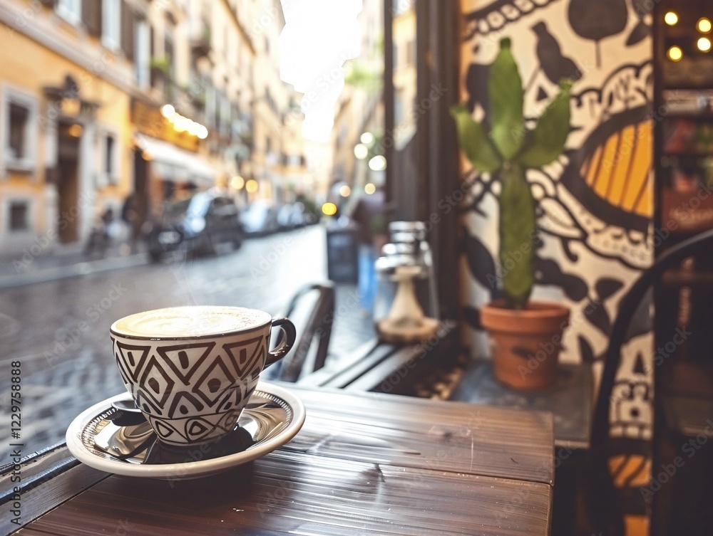 A patterned coffee cup on a cafe table with unique cactus wall art and urban street in the background, coffee shop, Rome, Italy, AI generated, Europe A patterned coffee cup on a cafe table with unique cactus wall art and urban street in the background, coffee shop, Rome, Italy, AI generated, Europe