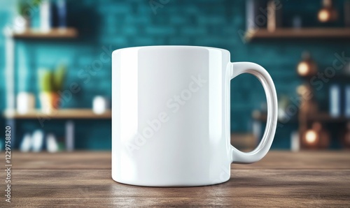 White Coffee Mug on Wooden Table with Blurred Background