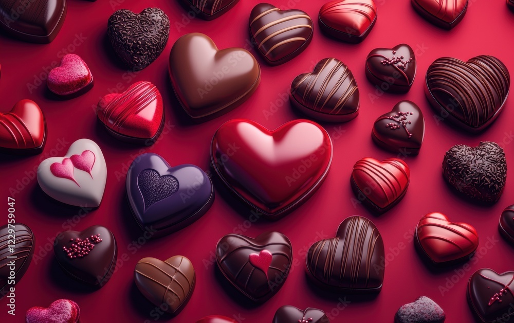 Obraz premium n assortment of colorful heart-shaped candies and chocolates, artistically arranged on a vibrant red-to-deep purple gradient background. Valentines Day and 8 March theme