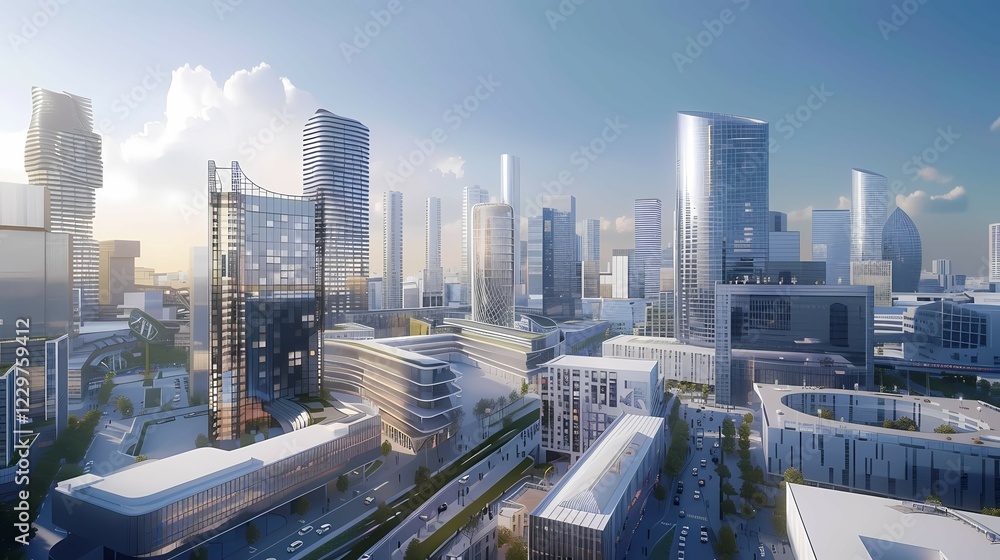 Obraz premium Futuristic cityscape with modern skyscrapers under a clear blue sky, Paris, illustration, AI generated