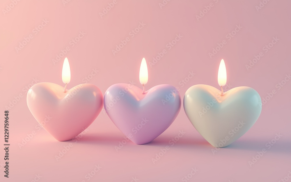 set of three heart-shaped candles in pastel colors, placed on a blush pink gradient background. Valentines Day and 8 March theme set of three heart-shaped candles in pastel colors, placed on a blush pink gradient background. Valentines Day and 8 March theme