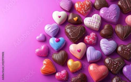 n assortment of colorful heart-shaped candies and chocolates, artistically arranged on a bold magenta-to-violet gradient background. Valentines Day and 8 March theme