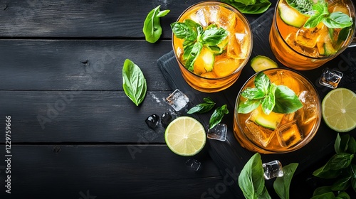 Refreshing Summer Cocktails with Vibrant Orange Drinks in Mason Jars, Ice Cubes, Fresh Mint Leaves, and Sliced Lemons on Rustic Wooden Table - Perfect for Warm Weather Gatherings photo