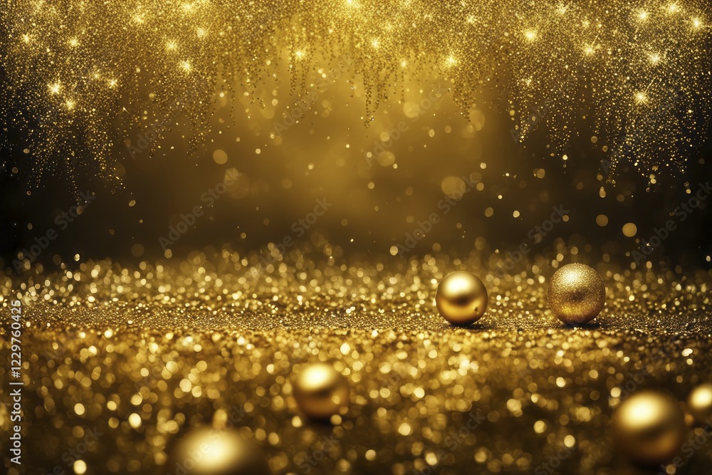 Fototapeta premium Golden baubles and glitter creating a warm and magical festive atmosphere, AI generated