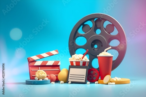 Popcorn, 3D glasses, film reel and clapboard on a blue background. Minimalist creative concept. Cinema, movie, entertainment concept. 3d render illustration photo