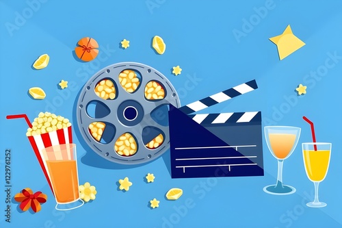 Popcorn, 3D glasses, film reel and clapboard on a blue background. Minimalist creative concept. Cinema, movie, entertainment concept. 3d render illustration photo