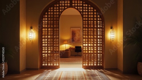 Night view of arched wooden doorway to a dimly lit room.