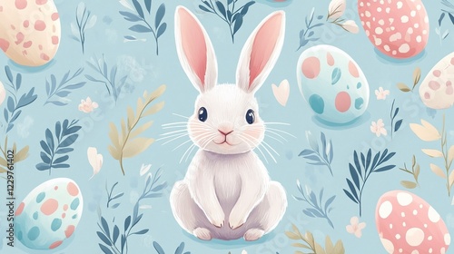 Cute bunny surrounded by colorful Easter eggs on a pastel blue background with decorative floral elements