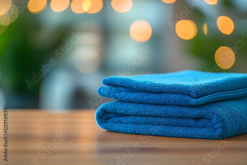 Blue Cleaning Cloth Folded on Wooden Table, Background Blurred Household Chores Concept. 