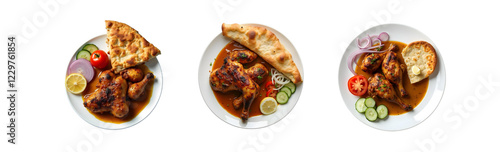 Full grilled chicken with gravy, with rumali bread , on a white plate, with tomato, onion, cucumber, one piece sliced lemon, transparent backgroun photo