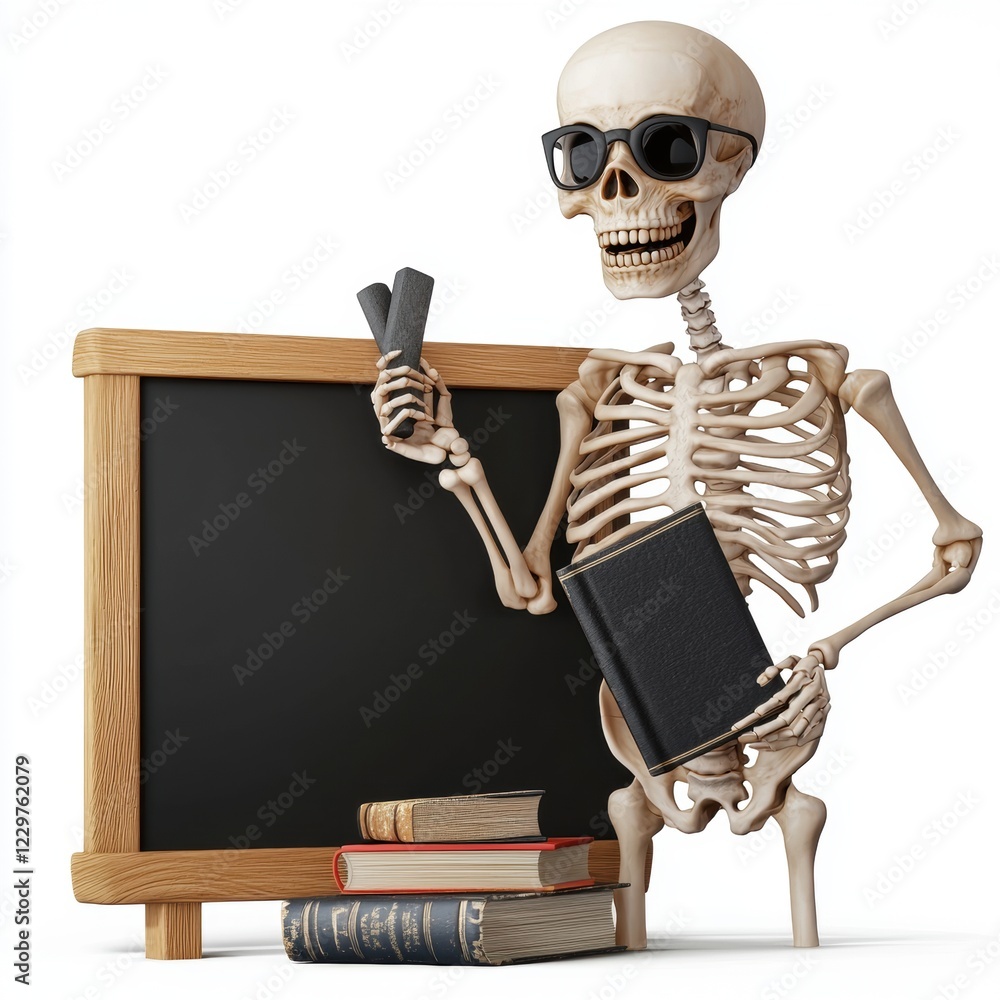 skeleton dressed as a teacher with glasses, holding a chalk and a book, standing near a blackboard, isolated on a white background skeleton dressed as a teacher with glasses, holding a chalk and a book, standing near a blackboard, isolated on a white background