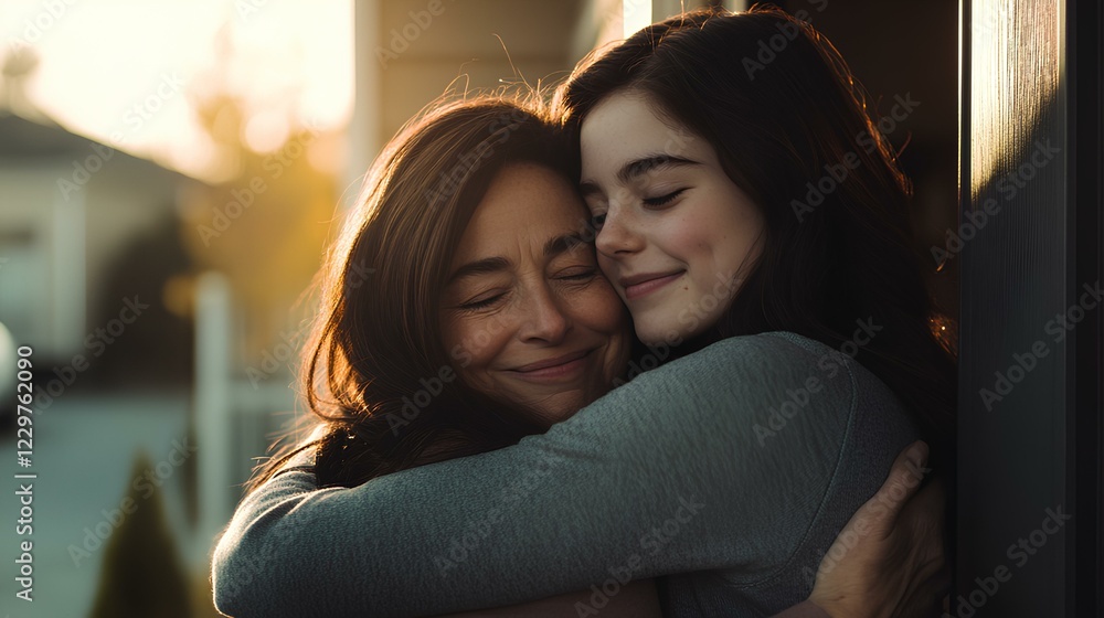 caucasian woman dark hair, hugging a young woman, they are in the door entrance of a house, sunny day caucasian woman dark hair, hugging a young woman, they are in the door entrance of a house, sunny day