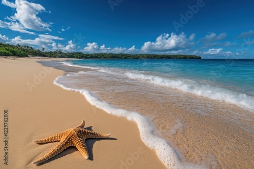 A beautiful painting shows a starfish and seashell on a beach photo