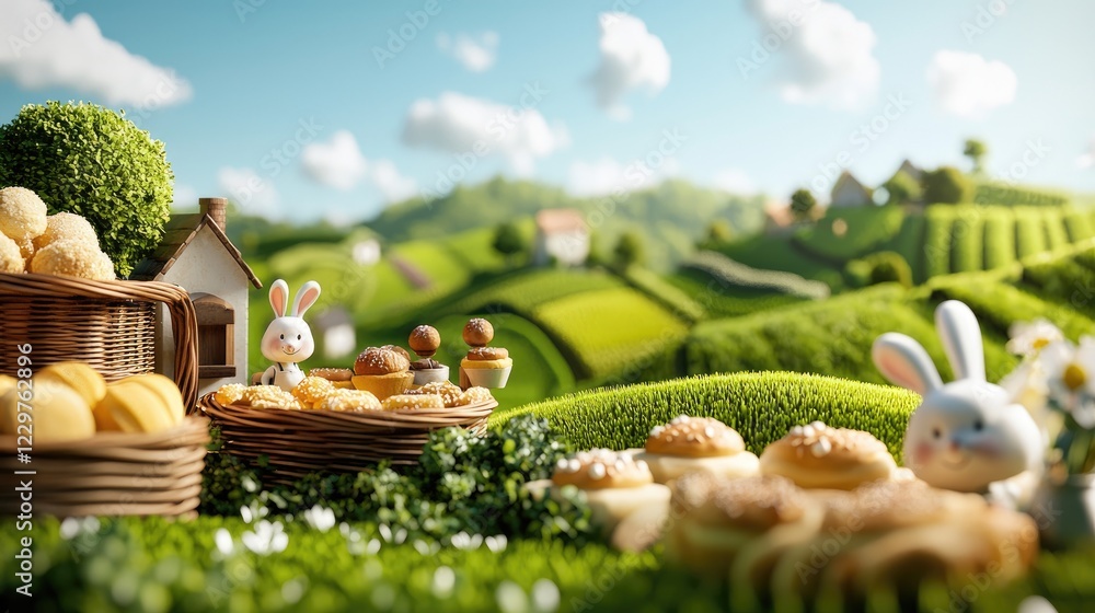 Fototapeta premium Charming village landscape featuring animal-like humans sharing baking secrets with rabbits amidst fresh pastries and greenery