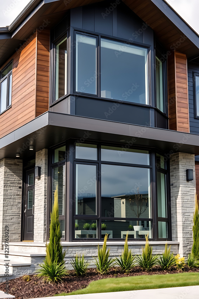 Modern House Exterior: Contemporary Architecture Design. Gray and Black Facade with Large Windows and Stylish Landscaping Modern House Exterior: Contemporary Architecture Design. Gray and Black Facade with Large Windows and Stylish Landscaping
