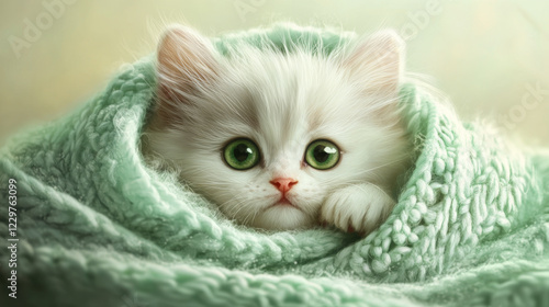 Fluffy White Kitten Wrapped in Cozy Knitted Blanket photo