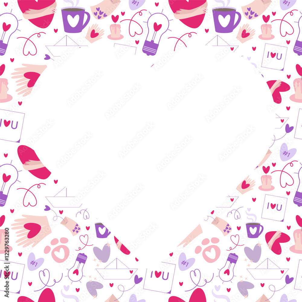 Vector doodle Valentines day frame, love season pastel background with copy space and heart shape elements. Can be used for packaging, labels, card, banner, invitations prints.
Vector doodle Valentines day frame, love season pastel background with copy space and heart shape elements. Can be used for packaging, labels, card, banner, invitations prints.