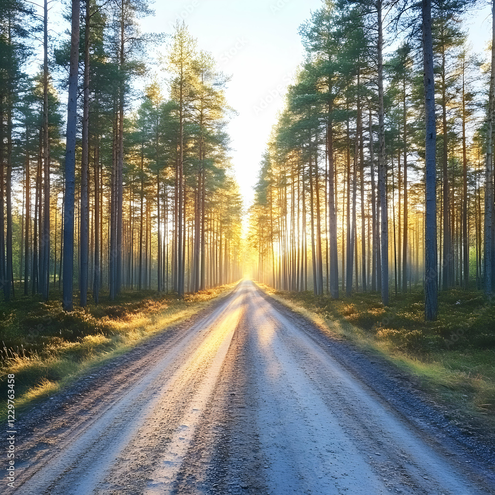 Fototapeta premium Sunlit forest road, summer morning