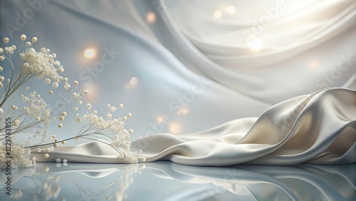 Wallpaper Mural Elegant Draped Fabric with Delicate White Flowers and Soft Lighting Reflecting on a Polished Surface Torontodigital.ca